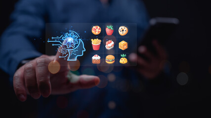AI-Powered Food Selection, Person interacts with an AI interface displaying various food emojis, illustrating technologys influence on food choices on apps