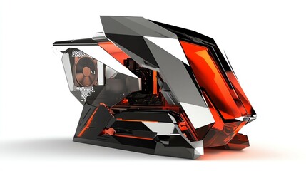 Naklejka premium Futuristic gaming station with sleek design and vibrant colors on white background.