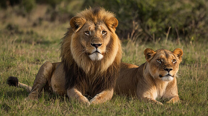 Horizontal portrait of male lion with big mane and a lion cub