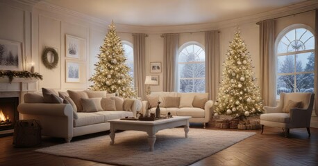 A cozy winter-inspired living area centered around a majestic white Christmas tree with an array of ornaments and lights, snowflakes, evergreen branches, twinkling lights