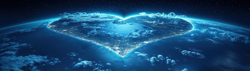 Fototapeta premium A glowing heart-shaped island is seen from space, surrounded by the ocean, symbolizing love and connection on a cosmic scale, Prince Jonah Kuhio Kalanianaole Day
