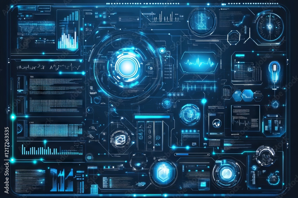 Poster a computer monitor with many different colored icons and numbers