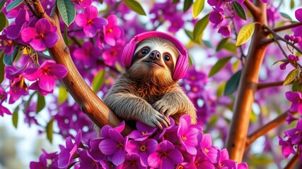 Obraz premium A contented sloth perched on a branch of a colorful tree wearing bright pink headphones and surrounded by a beautiful floral arrangement in a rich purple hue, music player, joyful scene, sloth