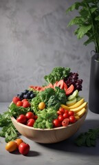 Leafy greens in a bowl with fruits and vegetables,  healthy eating,  fresh ingredients