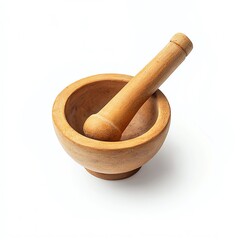 Wooden mortar and pestle on white background, ideal for grinding herbs and spices.