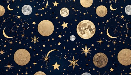 Naklejka premium Gold Celestial Moon Stars Night Sky Pattern Design