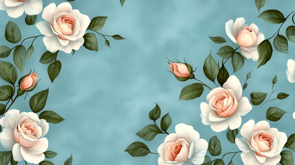 Fototapeta premium Delicate roses in soft hues create a calming atmosphere with lush green leaves surrounding them