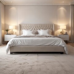 Luxurious bedroom with white bedding and plush carpet,  calm ambiance,  opulent