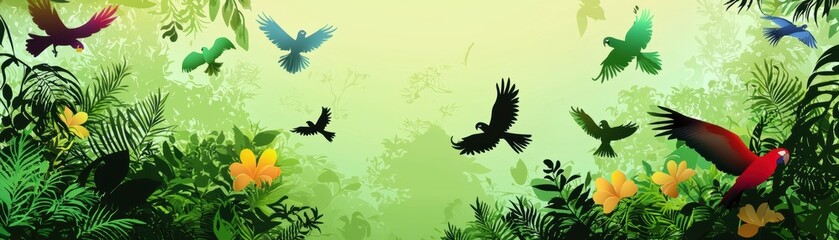 Obraz premium A vibrant scene depicting colorful birds flying above lush green foliage and blooming flowers, capturing the essence of nature's beauty, Prince Jonah Kuhio Kalanianaole Day