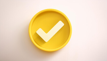 Yellow check mark icon. Symbol of approval. 3D rendering, modern illustration. Light backdrop.