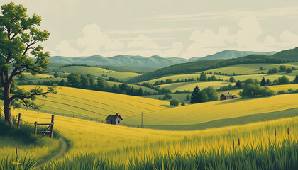 Fototapeta premium Rural scene at the height of summer with hills, meadows, and trees in the distance. hand drawn image in form. vintage inspired poster, dramatic, with white tones