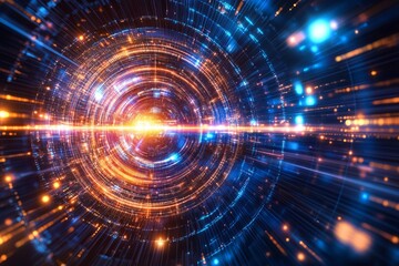 A bright orange and blue circle with many small lights