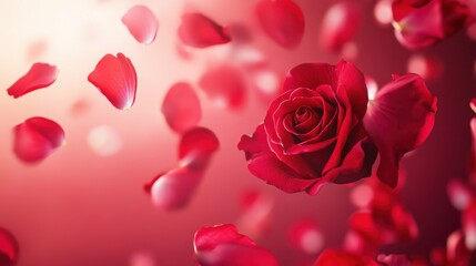 Fototapeta premium Love in Bloom: A Stunning Display of Passionate Red Roses and Delicate Petals, Adorning a Rich Crimson Canvas, Symbolizing the Beauty and Joy of Love.