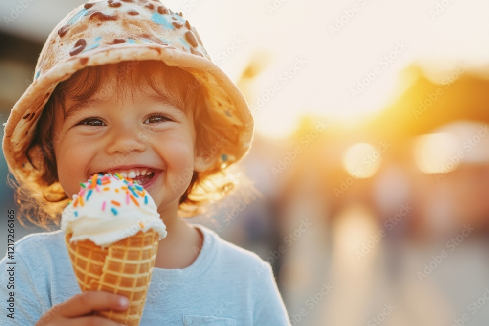 Poster a close-up of a child hand holding an ice cream cone with colorful sprinkles, their happy face sligh