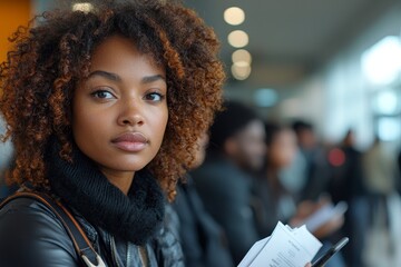 A stressed unemployed young African American woman sits in a queue with other candidates, anticipating a job interview