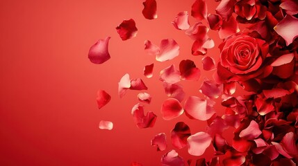 Love in Bloom: A Stunning Display of Passionate Red Roses and Delicate Petals, Adorning a Rich Crimson Canvas, Symbolizing the Beauty and Joy of Love.