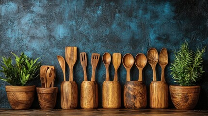 Wooden Kitchen Utensils Arranged in Holders with Plants