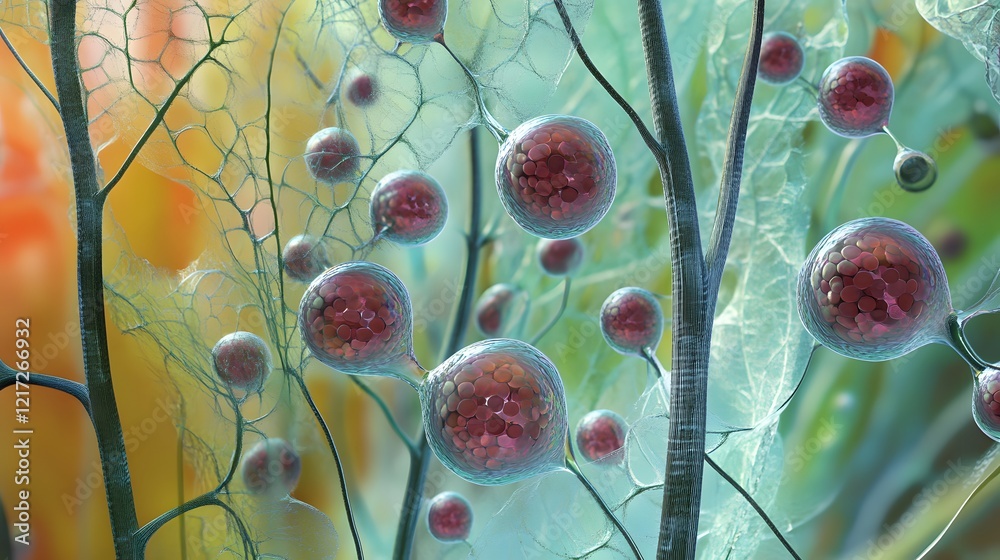 Poster Abstract representation of cellular structures showcasing intricate details of cells with bubbles and organic patterns against a vibrant backdrop of colors and textures.