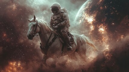 Naklejka premium An astronaut observes a large, detailed moon from a horse in a surreal cosmic setting, where vibrant colors and dramatic lighting prevail