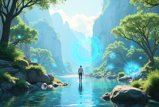 A man walks along a river among high cliffs and trees. Holographic interfaces surround him. Nature interacts with modern technology. Augmented reality helps a tourist on a journey, a virtual guide