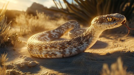 Naklejka premium Desert snake sunset coiled sand wildlife