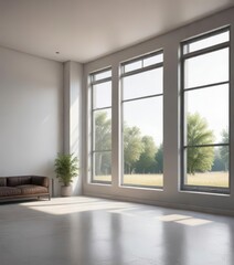 Fototapeta premium Minimalist interior with large window and empty space, simple style, blank space, empty space