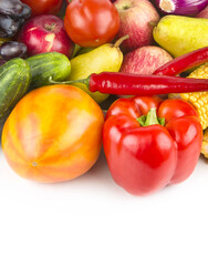 Collection fruits and vegetables isolated on a white background. Free space for text.