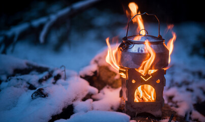 Flames from a firebox embrace a kettle in a snow-clad forest landscape