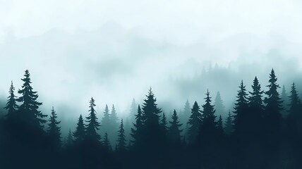 Obraz premium Misty forest with pine trees, foggy landscape, ethereal atmosphere, green hues, watercolor effect, minimalist style, serene nature, dreamy wilderness