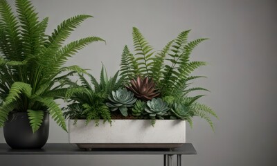 Fototapeta premium Minimalist botanical arrangement with ferns and succulents, botanical, natural