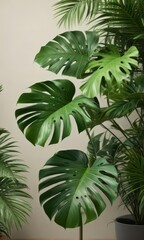 Monstera deliciosa leaves arrangement with tropical greenery ,  palm, monstera,  foliage