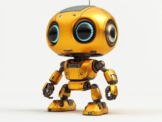 A cheerful, cartoonish yellow robot with large eyes and a friendly design.