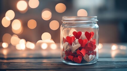 Jar Filled with Colorful Origami Hearts on a Wooden Table