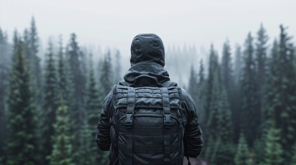misty forest adventure: solo hiker with backpack in natures serenity