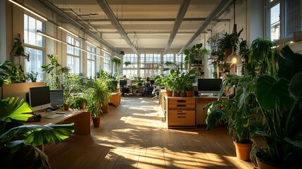 An eco friendly office interior with abundant plant