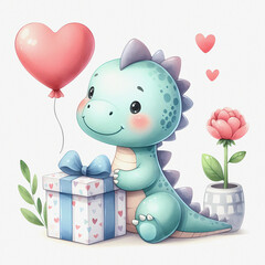Watercolor illustration of cute little dinosaur with heart-shaped balloons and a gift box. Nursery concept. Valentine's day.