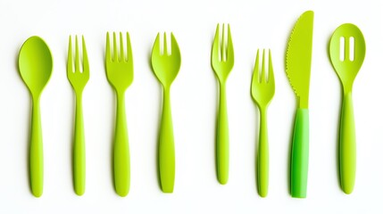Colorful green utensils arranged neatly on a white background, ideal for a modern dining set or sustainable kitchen theme.