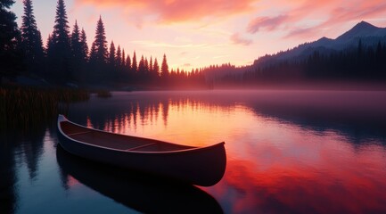 Serene Sunset Canoe on Calm Lake Mountain Reflections