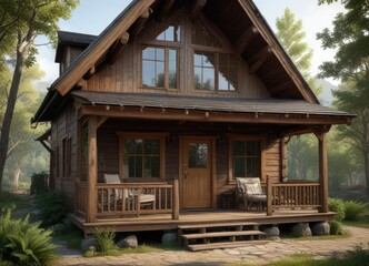 A charming wooden cabin with a steeply pitched roof and a warm porch, winter retreat , cabin life