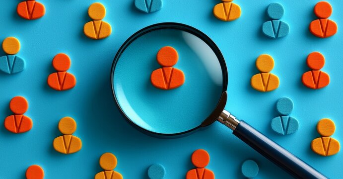On a blue background, a yellow human icon sits inside a magnifying glass amidst white icons. This visual represents customer focus, HR recruitment, and CRM management, with areas reserved for text