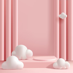 Fototapeta premium Podium, clouds, columns, snits, 3D. Pink modern interior, scene for advertising and promotion of products, promotional offers, and discounts. Vector