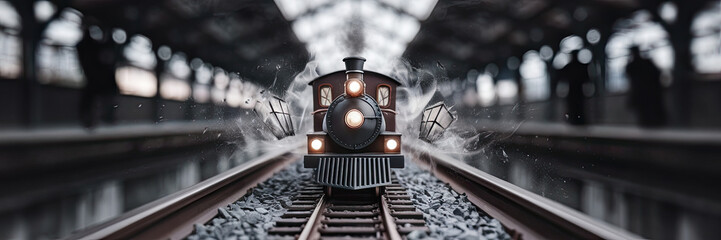 Vintage Steam Train on Tracks Dramatic Smoke Travel Railroad Journey