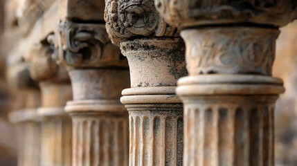 weathered and ornate stone columns: detailed close-up of ancient greek and roman architectural pillars featuring fluted designs and decorative capitals for historical texture study