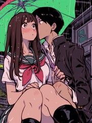 Rainy Day Kiss Underneath A Green Umbrella