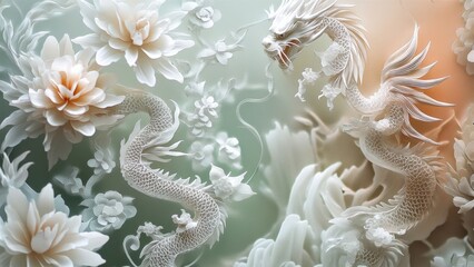 Intricate White Dragon Among Flowers in Ethereal Art