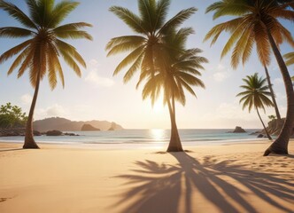 Palm trees sway gently in warm tropical breeze on sun-kissed sandy beach,  sand,  palm trees,  ocean