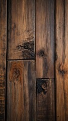 Obraz premium A close-up view of a dark table made of wood planks arranged vertically. The surface of the table is aged and textured, with natural wood grain patterns. Grunge wooden 9:16 background.