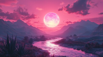 In a dreamlike scene, the sky is painted pink against the backdrop of majestic mountains, a meandering river, and lush vegetation