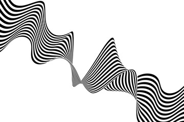 Abstract background of black and white wavy stripes with blue circles on a white background. Illusion. Eps 10