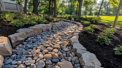 Naklejka premium A tranquil waterfall flows smoothly over smooth pebbles into a shaded woodland pond. The surrounding trees and plants create a lush, green canopy that filters the sunlight, casting dappled patterns 